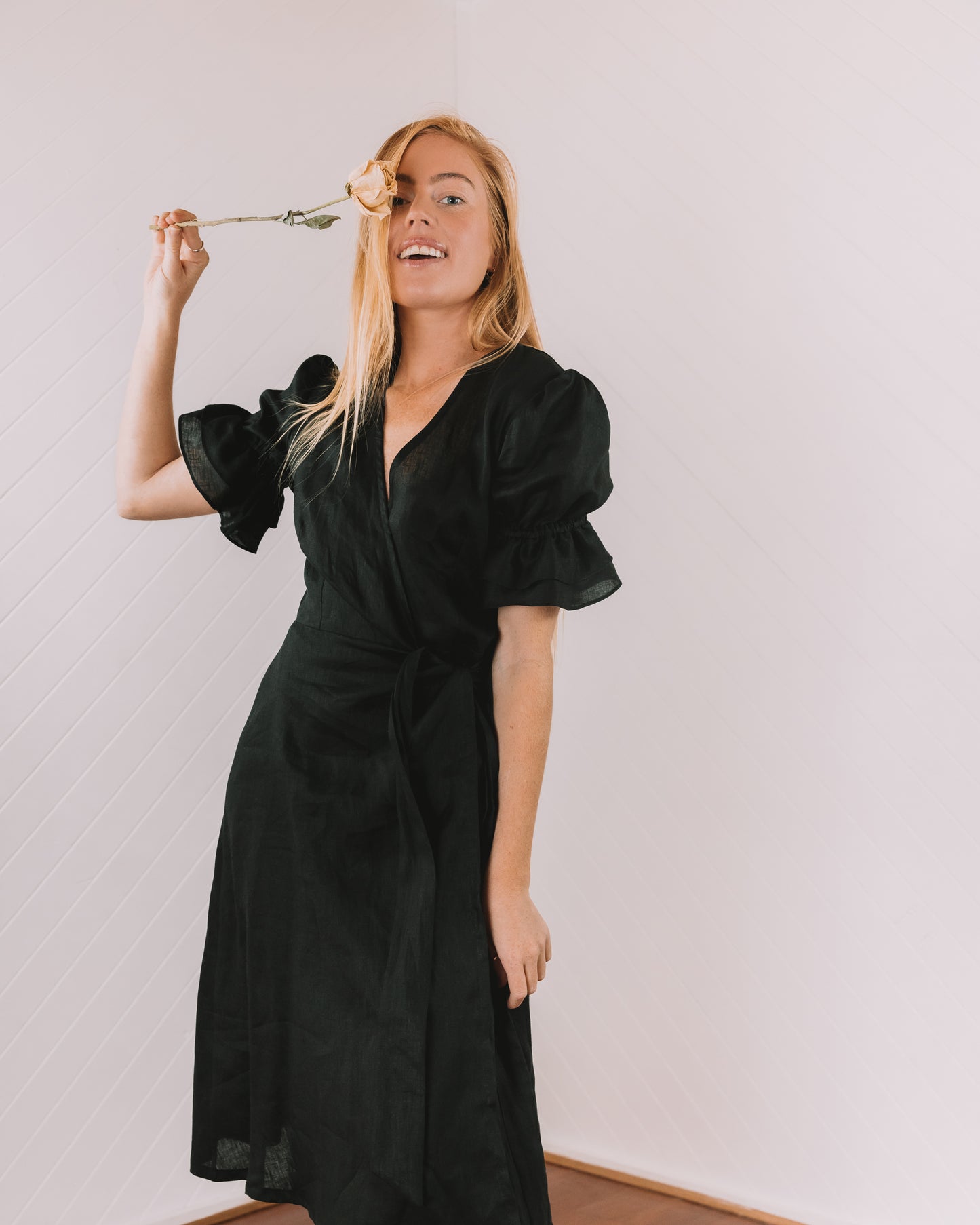 Darcy Wrap Dress - Black Linen (size 8)