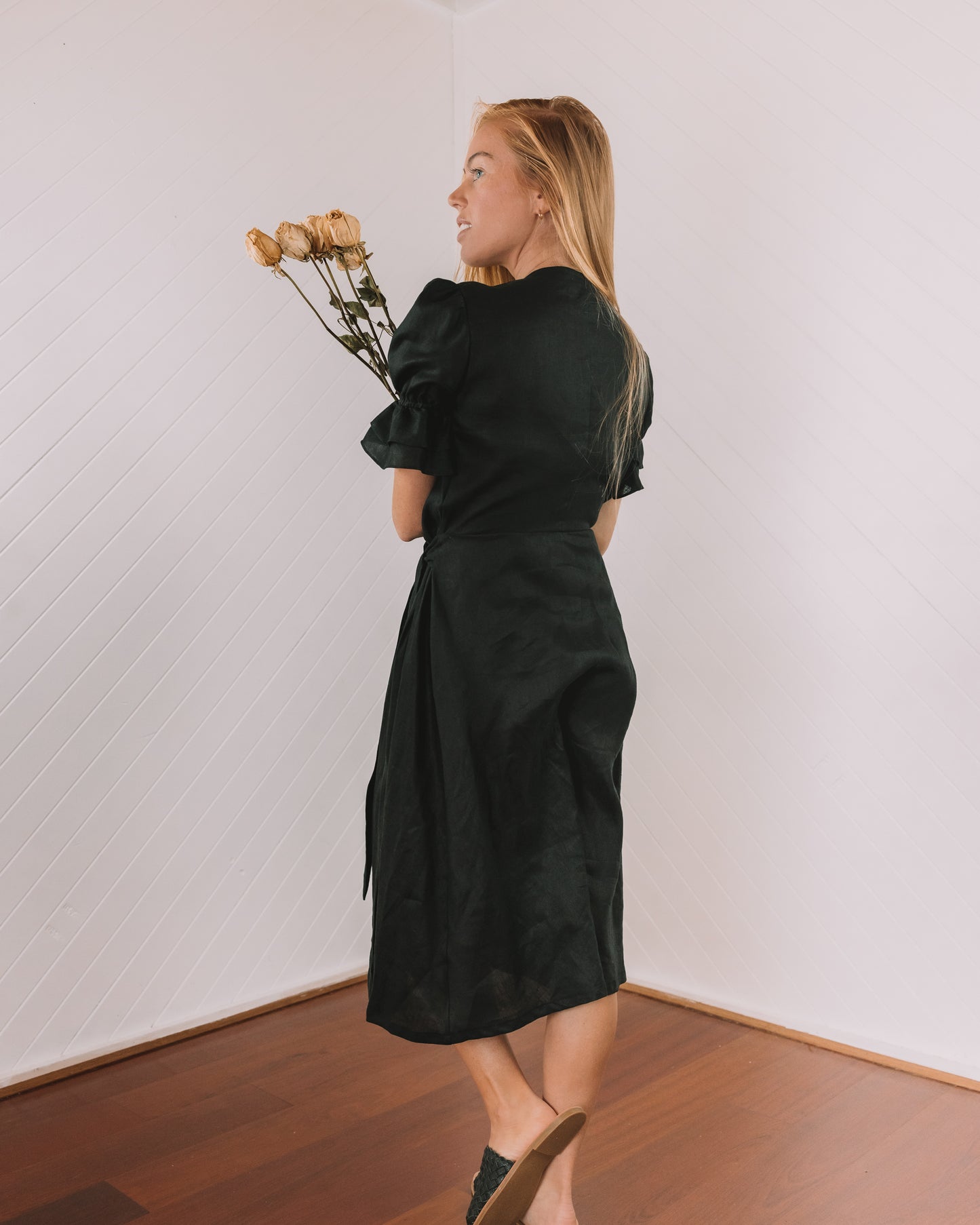 Darcy Wrap Dress - Black Linen (size 8)