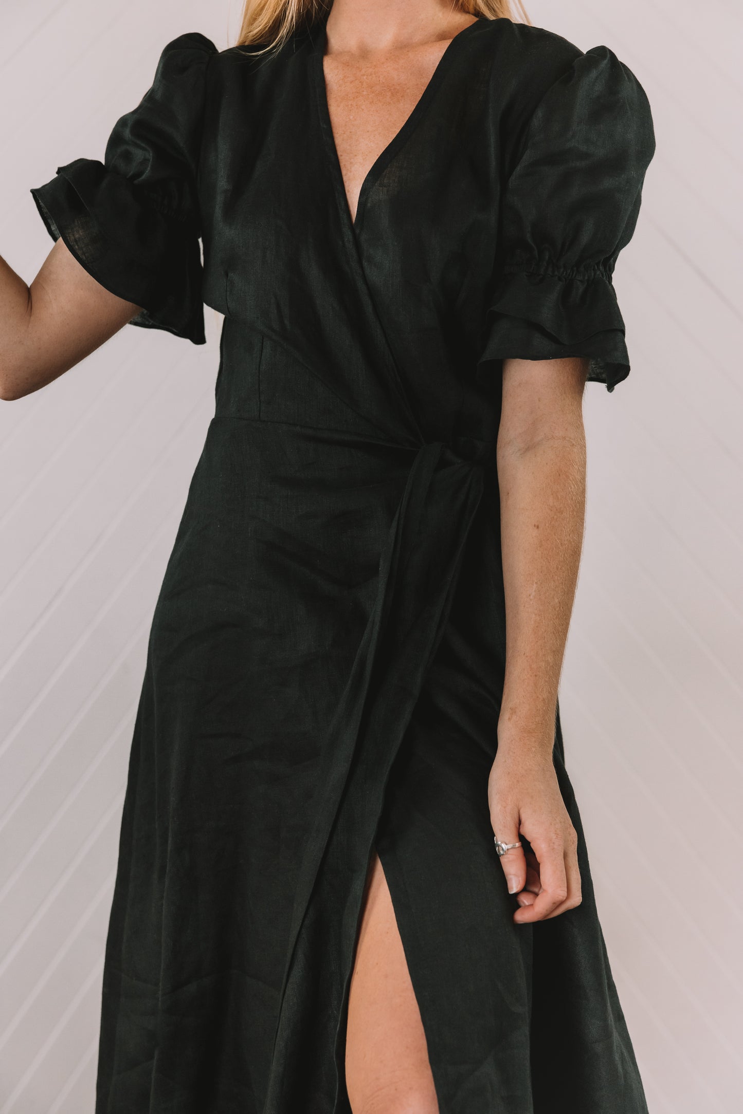 Darcy Wrap Dress - Black Linen (size 8)