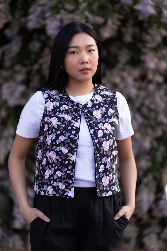Black/Floral Corduroy Reversible Vest