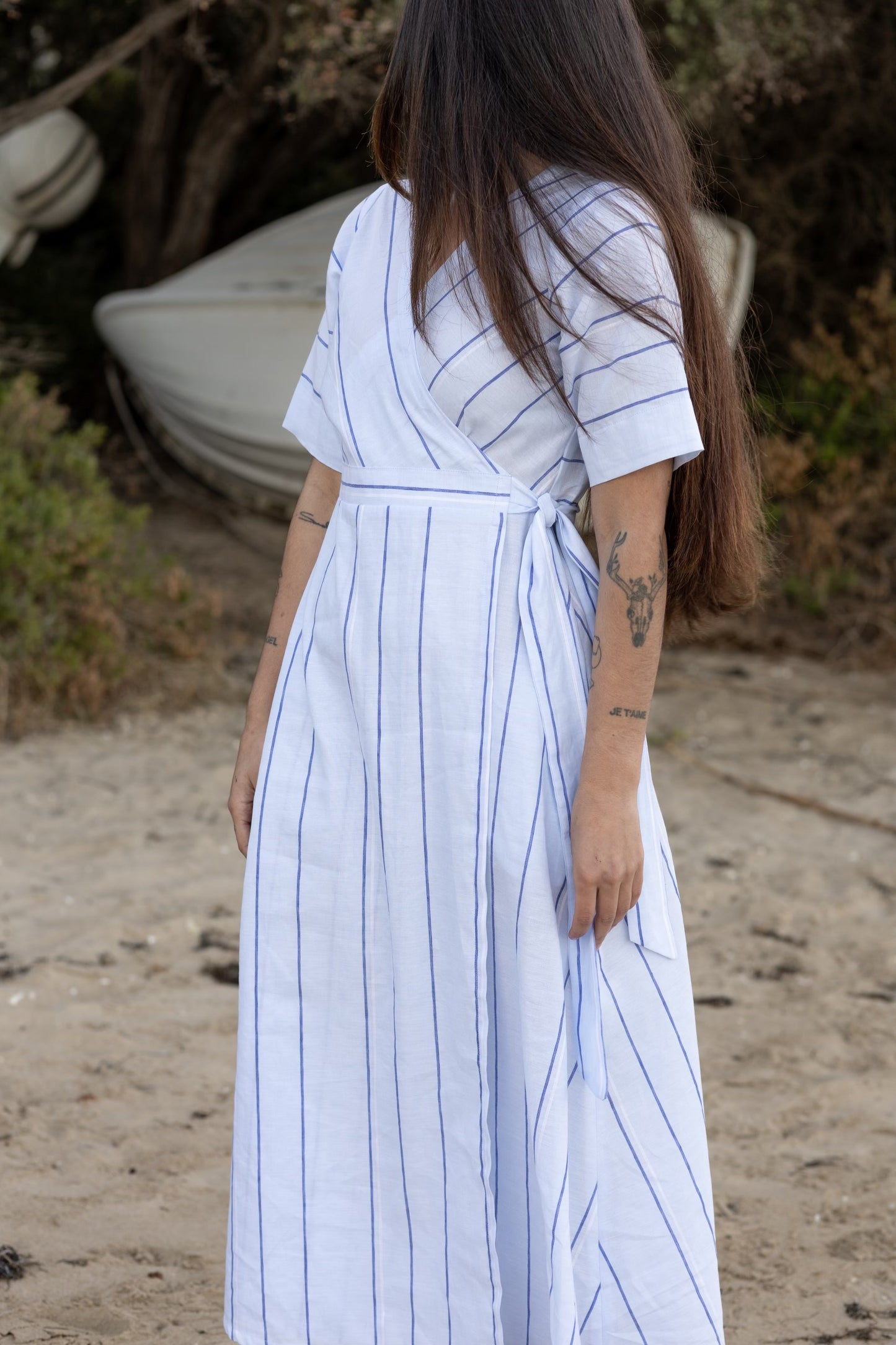 Amalifi Wrap Dress - Blue and White Stripe