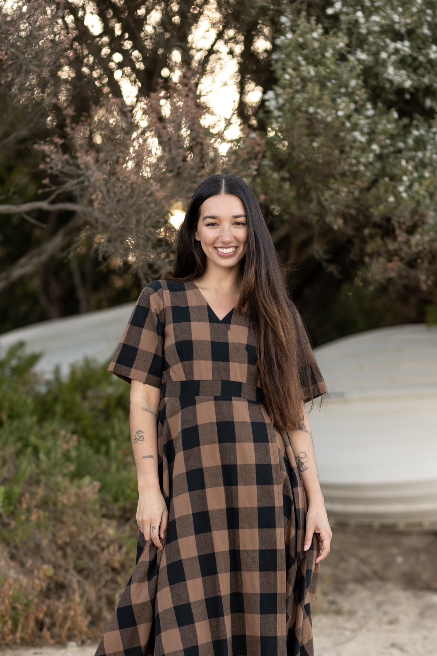 Yarn Dyed Check Wrap Dress - Walnut brown