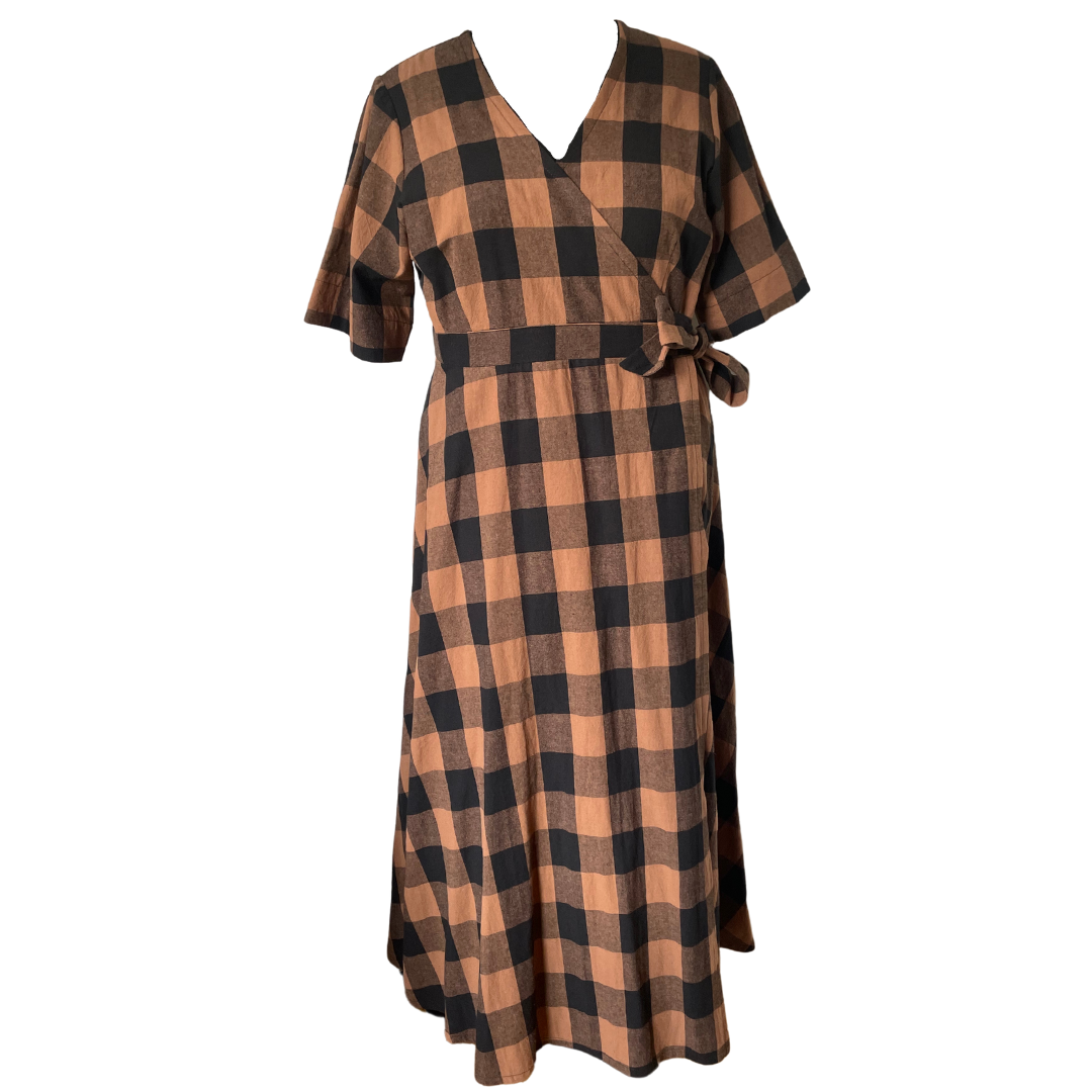 Yarn Dyed Check Wrap Dress - Walnut brown